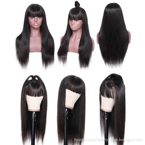 Full Machine Made Wig With Bangs No Lace  Human Hair Wigs Natural Color